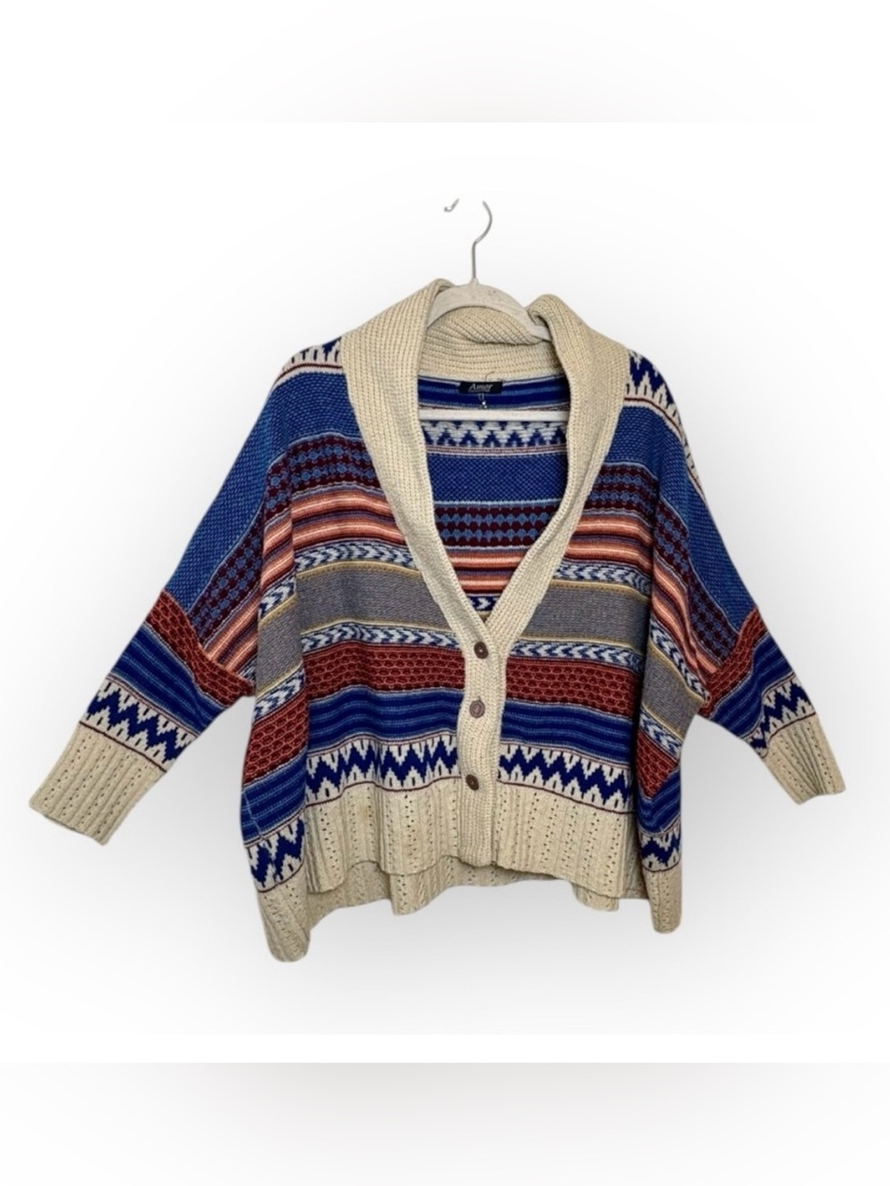 Amor Collection Cream Blue Knit Shawl Collar Cardigan Boho Cabincore S/M